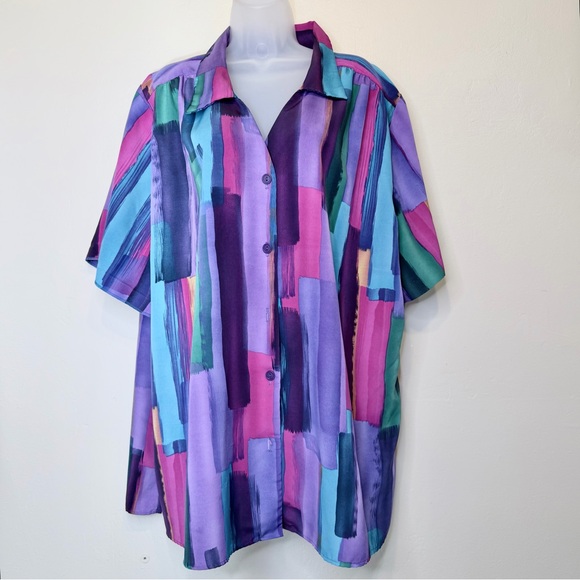 A Personal Touch | VTG Plus Size Multicolor Watercolor Pattern Button Blouse Top - Picture 2 of 16